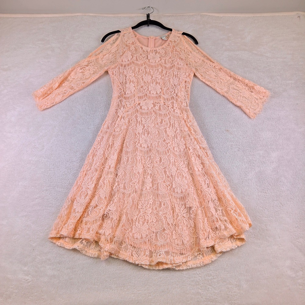 ST 1946 Peach Pink Floral Lace Cold Shoulder Bell Sleeve Dress XS